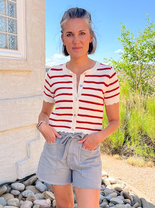 Red Striped Short Sleeve Cardigan With Scallop Edge