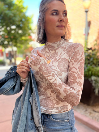 Floral-Print Mesh Mock-Neck Raglan Top