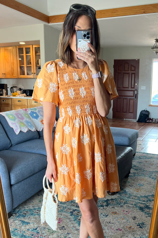 Marigold Cotton Smocked Embroidered Dress