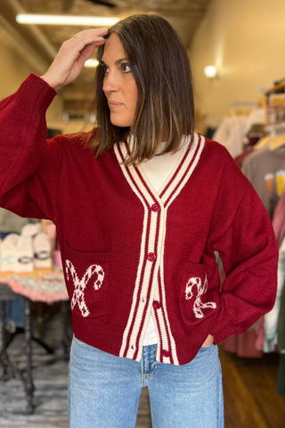 Burgundy Candy Cane Sweater Cardigan
