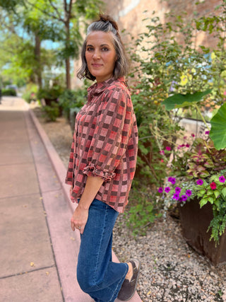 Textured Plaid Check Bubble Sleeve Top