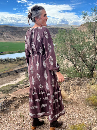 Brown Embroidered Lace Trim Maxi Dress