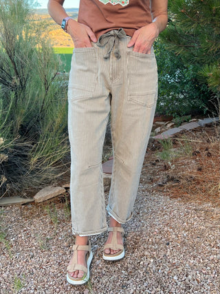 Olive Striped Barrel Pants with Belt