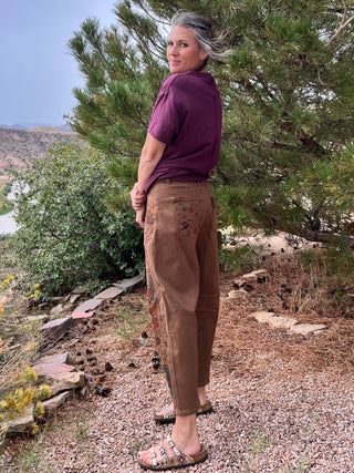 Folk Floral Print Twill Barrel Pants