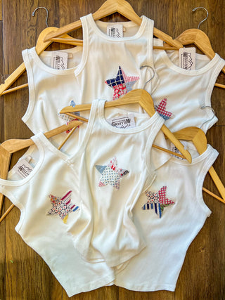Star Quilt Applique White Knit Tank Top