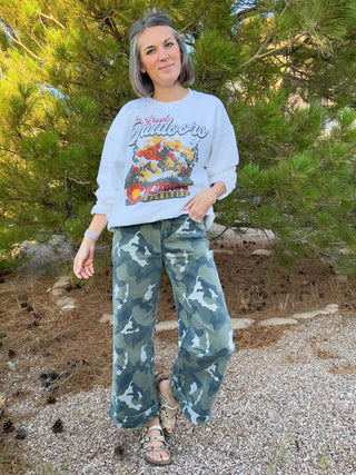 High-Rise Wide Leg Crop Cuffed Camouflage Denim