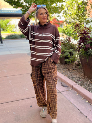 Brown Plaid Pattern Woven Barrel Pants