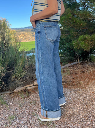 High Rise Cuffed Panel Baggy Wide Jeans