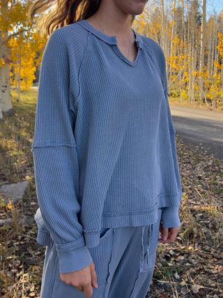 Dusty Blue Mineral Washed Waffle Raglan Top