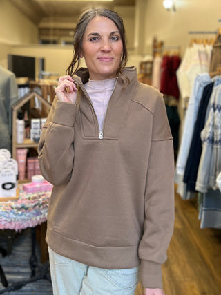 Light Brown Quarter Zip Pullover Sweatshirt