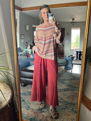 Boho Red Mineral-Washed Terry Knit Cargo Pants