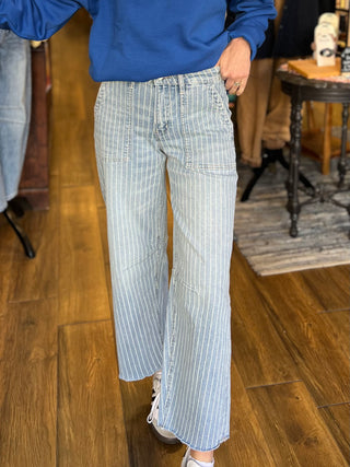 High Rise Striped Raw Hem Barrel Jeans