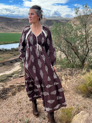 Brown Embroidered Lace Trim Maxi Dress