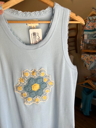 Sky Mist Quilt Piece Lace Trim Ribbed Tank Top