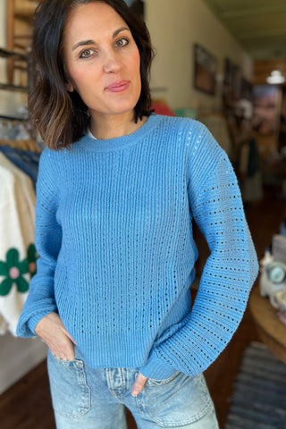 Blue Open-Knit Balloon Sleeve Sweater