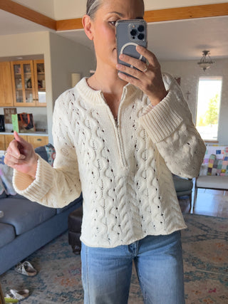 Cream Cable-Knit Half-Zip Cuffed Sweater