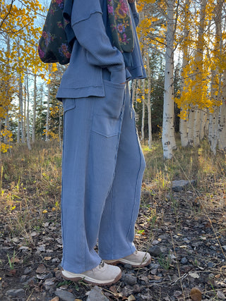 Dusty Blue Mineral Washed Waffle Barrel Pants