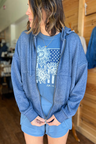 Fleece Hoodie Jacket with Tapered Sleeves in Blue Depth