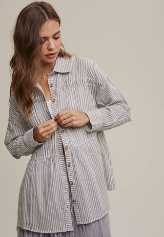 Navy Striped Peplum Button-Down Shirt