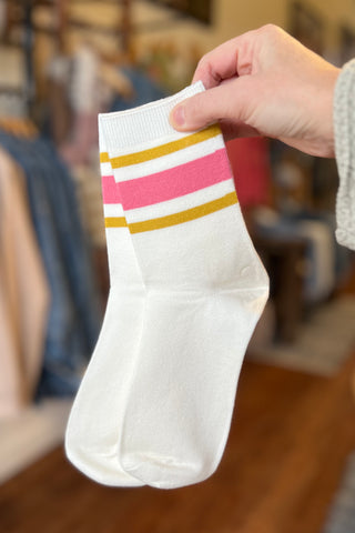 Rose Pink Retro Stripe Style Crew Socks