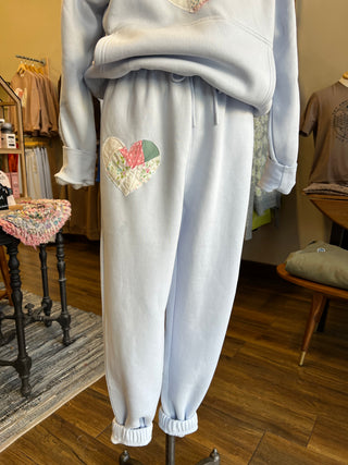 Heart Quilt Applique Powder Blue Fleece Sweatpants