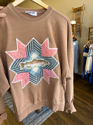 Vintage Quilt Piece with Rainbow Trout Crew Neck Sweatshirt