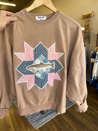 Vintage Quilt Piece with Rainbow Trout Crew Neck Sweatshirt