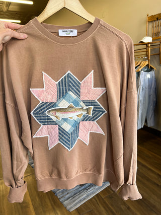 Vintage Quilt Piece with Rainbow Trout Crew Neck Sweatshirt