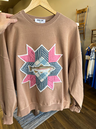 Vintage Quilt Piece with Rainbow Trout Crew Neck Sweatshirt