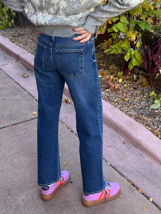 Dark Mid Rise Straight Leg Boyfriend Jeans