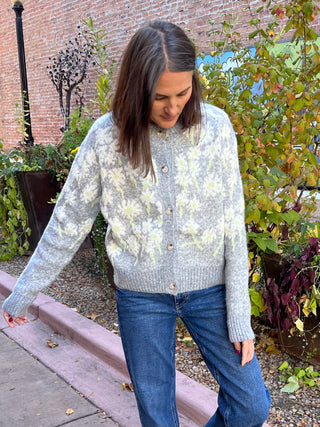 Grey Floral Knit Button Down Sweater Cardigan