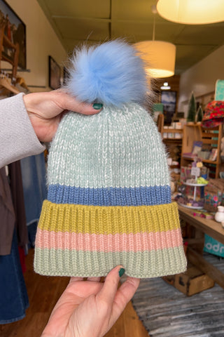 Multi Pastel Stripe Knit Pom Beanie