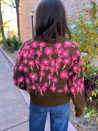 Brown Floral Knit Button Down Sweater Cardigan