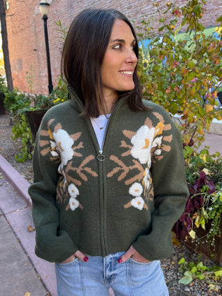 Floral Zip Up Sweater Cardigan
