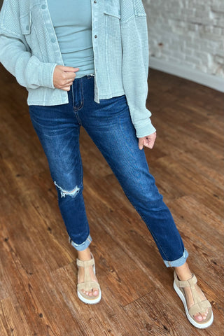 Distressed Roll Up Stretch Mom Jean Denim