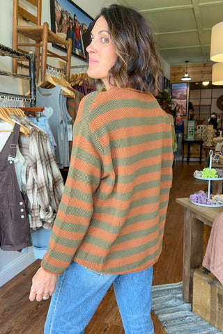 Rust Olive Casual Striped Sweater