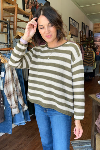 Cream Olive Casual Striped Sweater