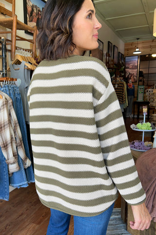 Cream Olive Casual Striped Sweater