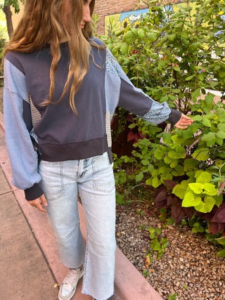 Denim Blue Mixed Prints Pullover