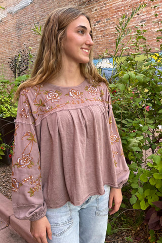 Embroidered Drop Sleeve Top