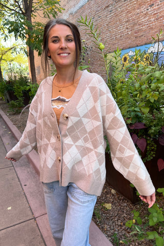 Beige Argyle Jacquard Sweater Cardigan