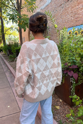 Beige Argyle Jacquard Sweater Cardigan