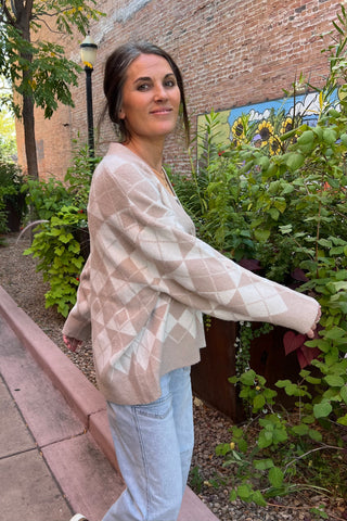 Beige Argyle Jacquard Sweater Cardigan