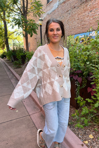 Beige Argyle Jacquard Sweater Cardigan