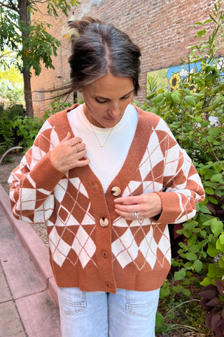 Camel Argyle Jacquard Sweater Cardigan