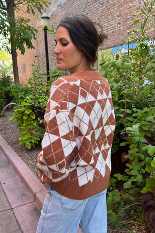 Camel Argyle Jacquard Sweater Cardigan