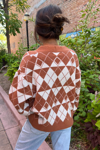 Camel Argyle Jacquard Sweater Cardigan