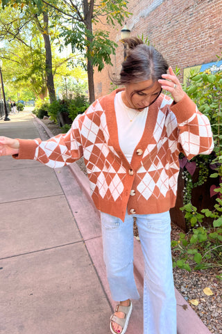 Camel Argyle Jacquard Sweater Cardigan