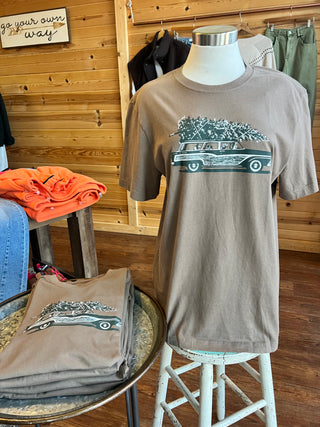 Men's Life is Good Photo Christmas Tree Wagon Short Sleeve Crusher Tee