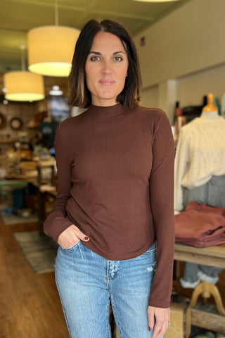 Ribbed Long Sleeve Mock Neck Basic Top in Fudge